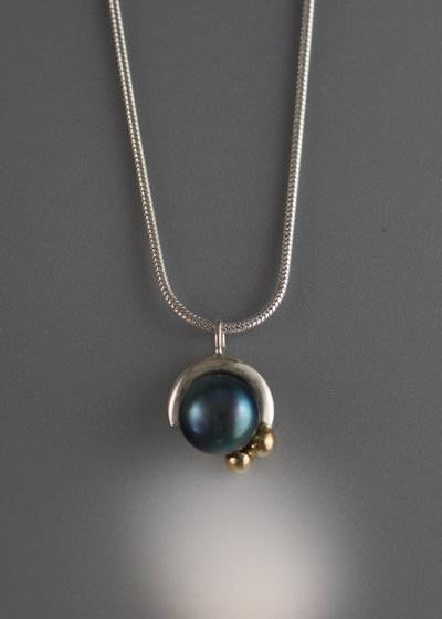 14K Gold and Sterling Silver Pendant with 8mm Pearl  (shown here with black pearl see options to choose pearl color)
